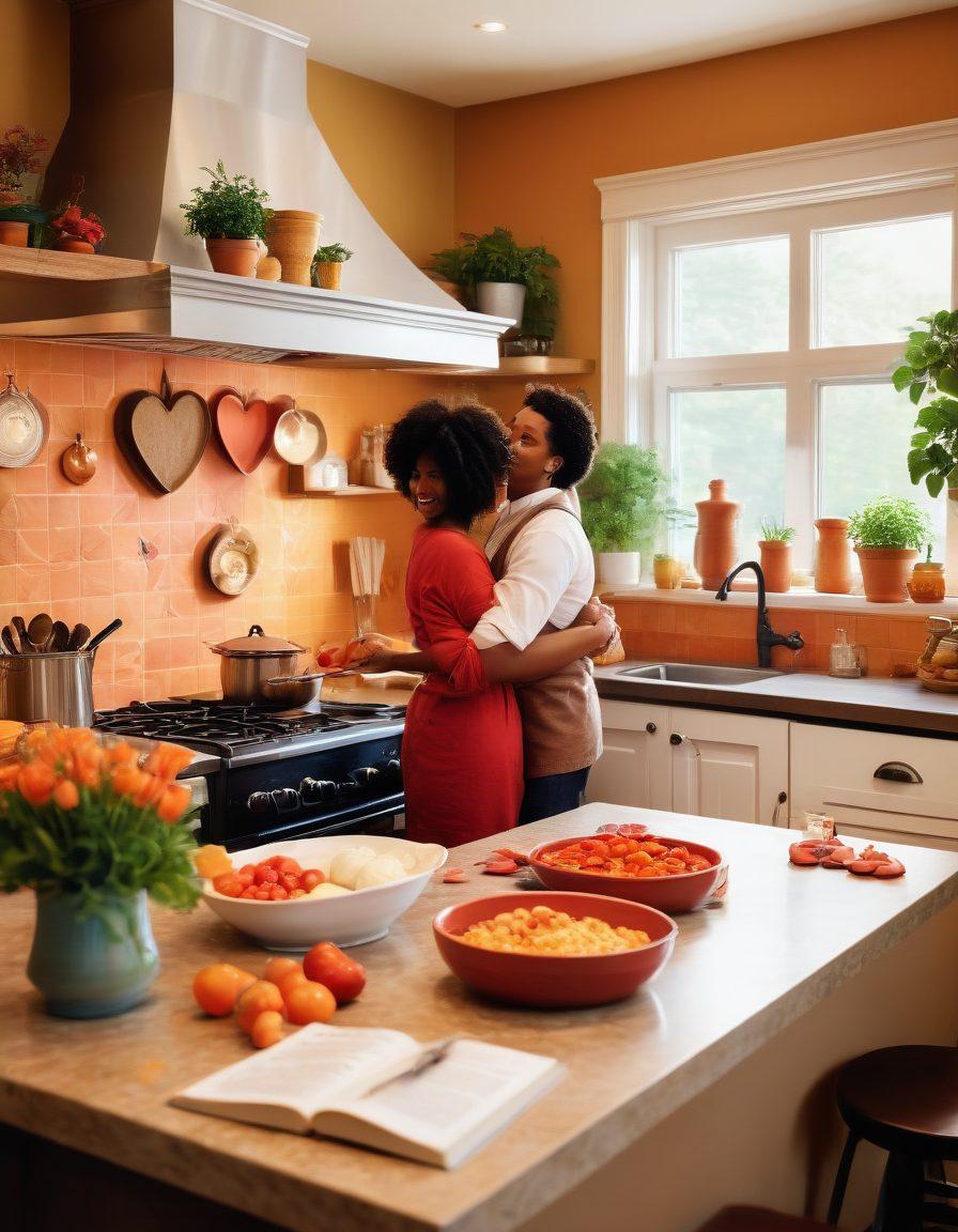 A warm kitchen scene with a chef preparing a delicious meal, surrounded by heart-shaped ingredients, symbolizing love and care. Soft lighting illuminates a recipe book titled 'Insurance Coverage' next to a bubbling pot, merging the themes of cooking and security. A loving couple shares a joyful moment in the background, tying the concepts of love and protection together. vibrant colors. cozy atmosphere. 3D.