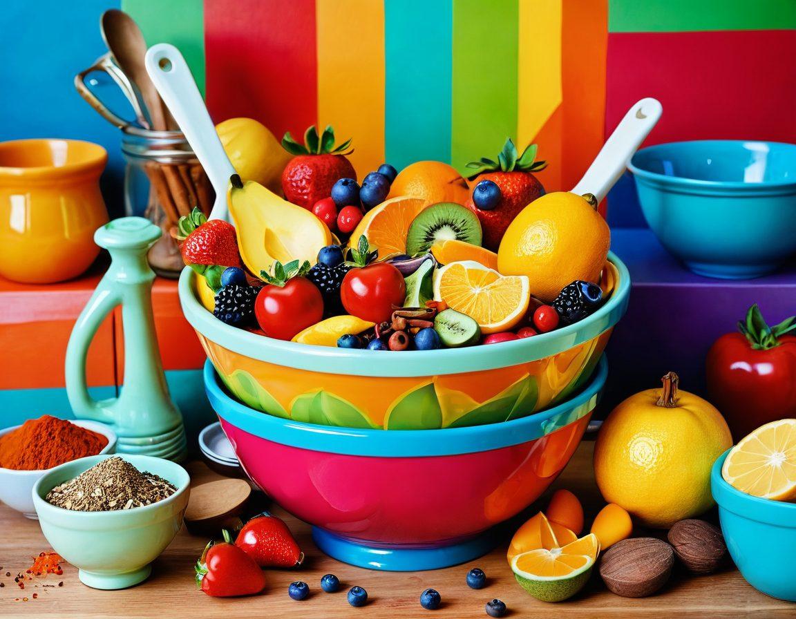 A whimsical kitchen scene featuring a colorful mixing bowl transitioning into different life aspects such as health, finances, relationships, and well-being, symbolized by various ingredients like fruits, coins, and heart shapes. The background is lively with kitchen utensils and vibrant spices, illustrating the theme of cooking for life benefits. The color palette is warm and inviting. cartoon style. bright colors. playful.